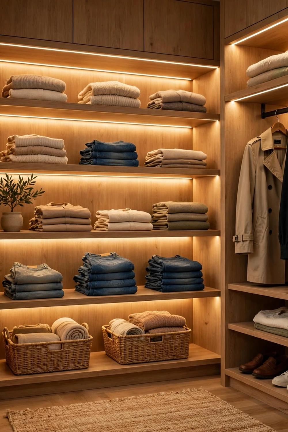 Walk-in closet with warm LED strips under shelves illuminating clothes