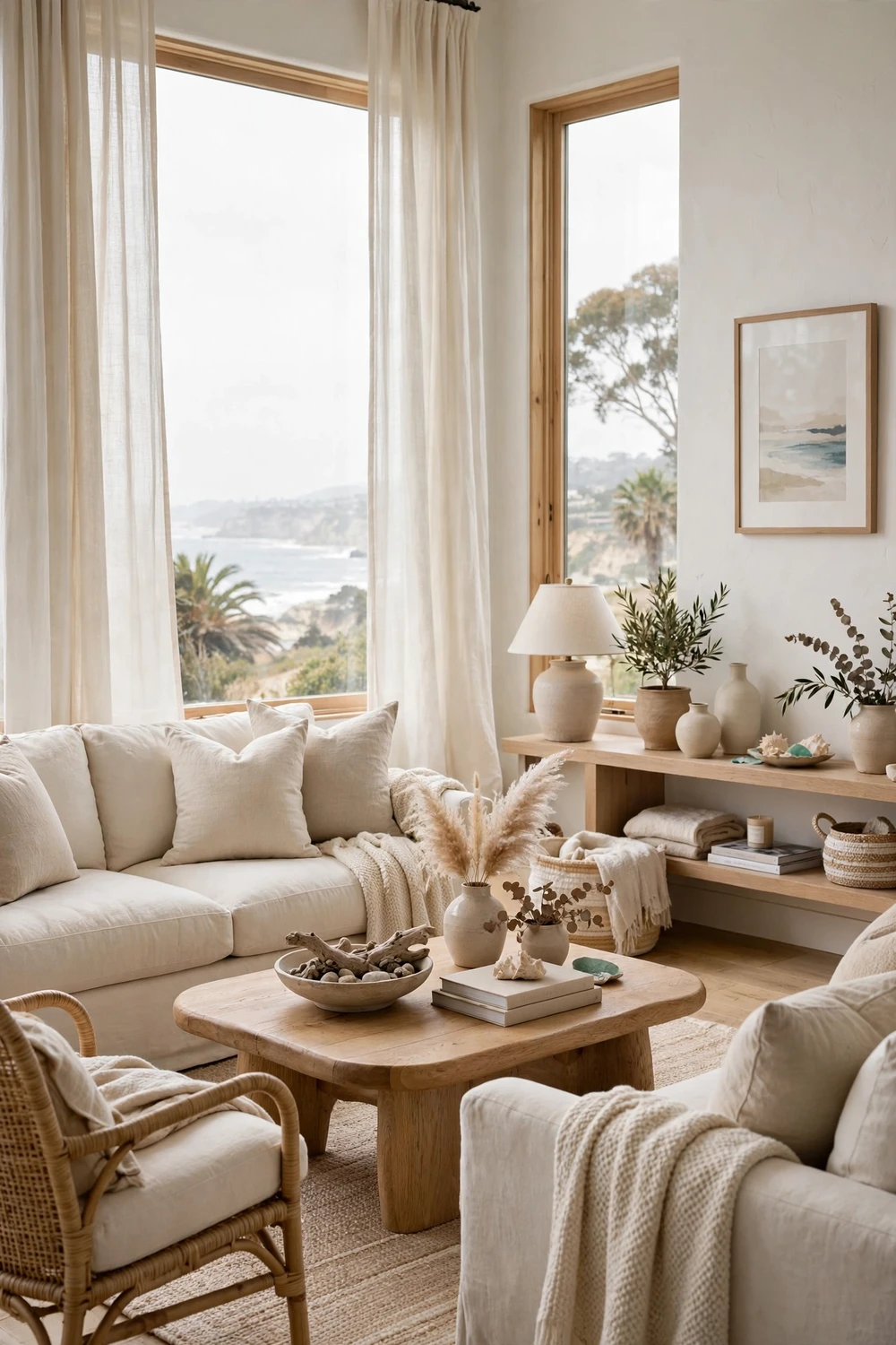 California coastal living room in a bright neutral color palette, warm white walls, creamy beige furniture, soft natural light