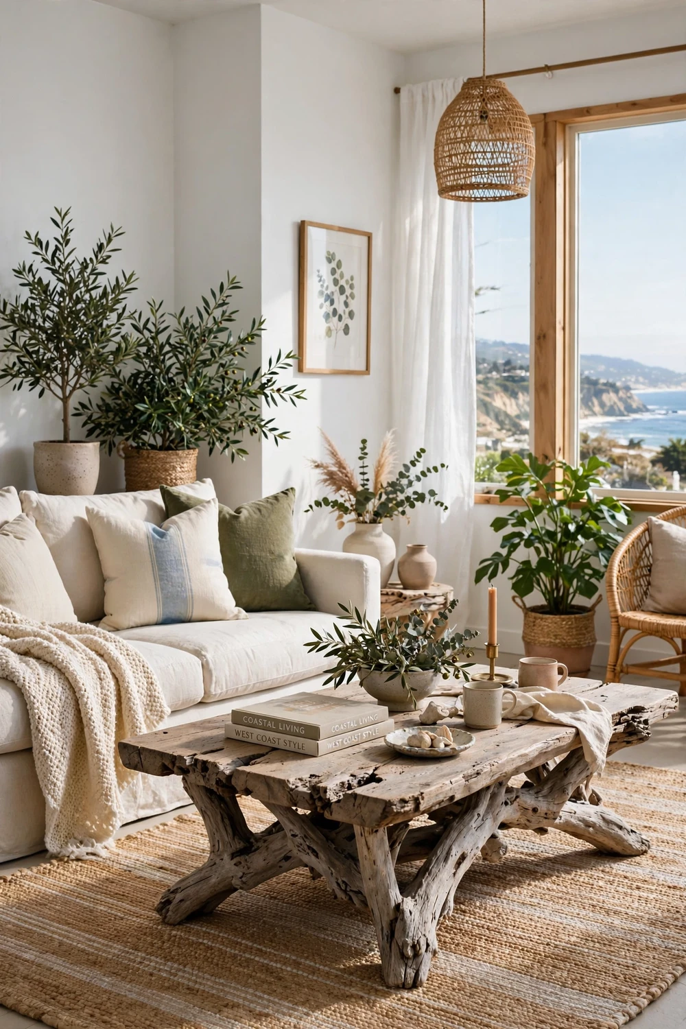 California coastal living room with driftwood-inspired weathered wood coffee table, white walls, soft textiles and greenery