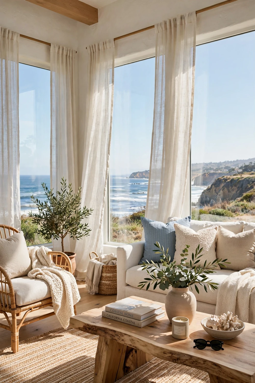 California coastal room with floor-to-ceiling windows and sheer linen curtains, sunlight streaming in, bright airy space