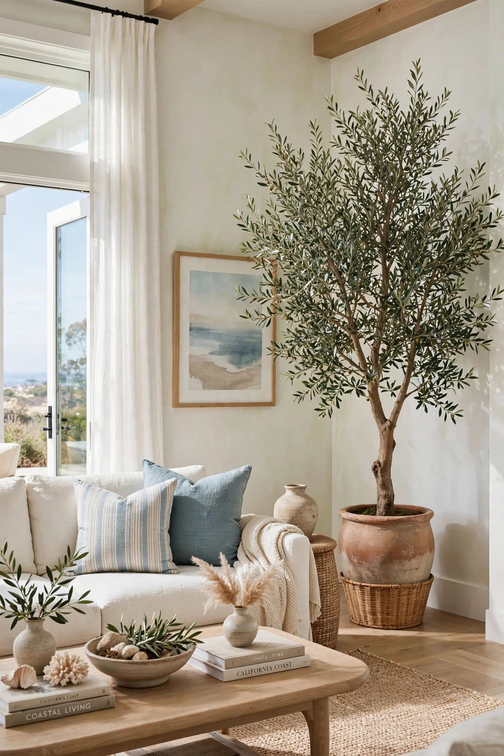 California coastal living room with a large indoor olive tree in an empty corner, elegant focal point, bright space