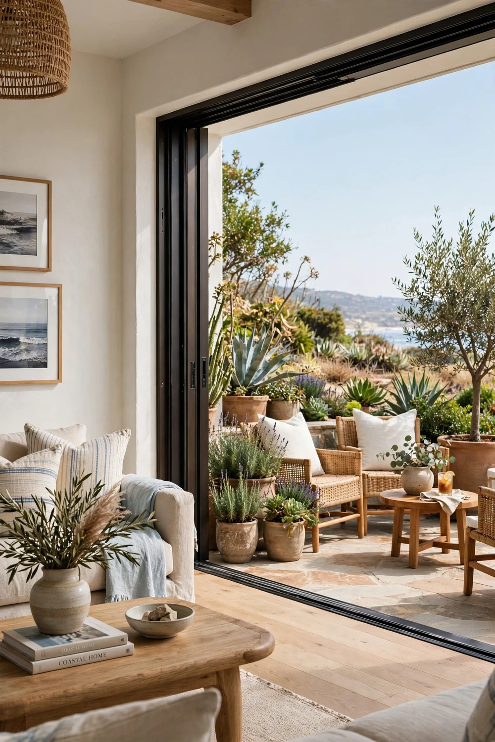 California coastal home with seamless indoor-outdoor living, sliding glass doors opening to a patio with woven chairs and plants