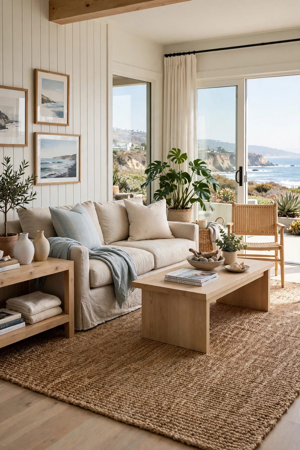 California coastal living room with a large jute area rug under the seating area, light wood furniture, linen sofa
