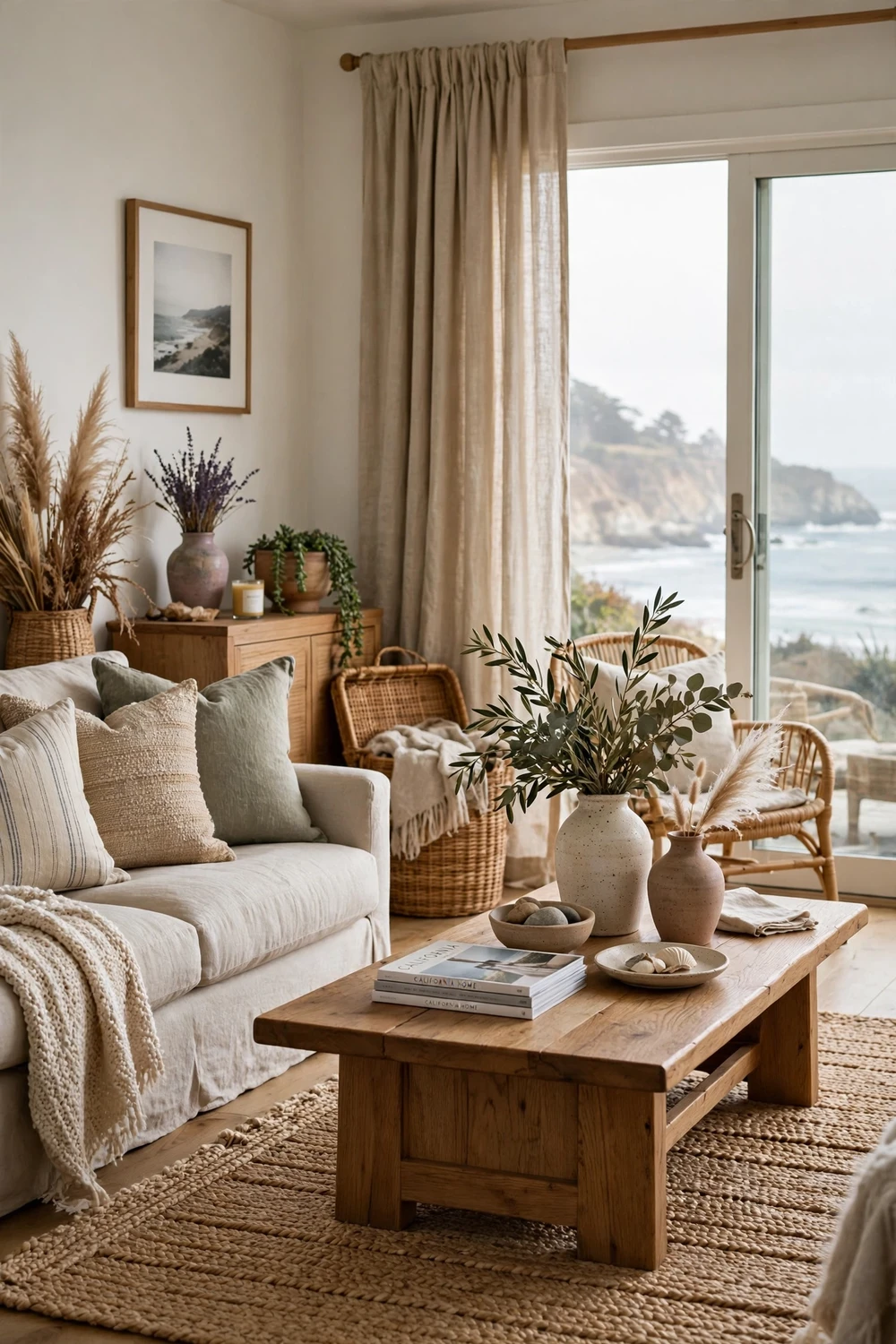 California coastal living room layering natural textures, woven baskets, linen curtains, jute rug, ceramic vases, wood furniture