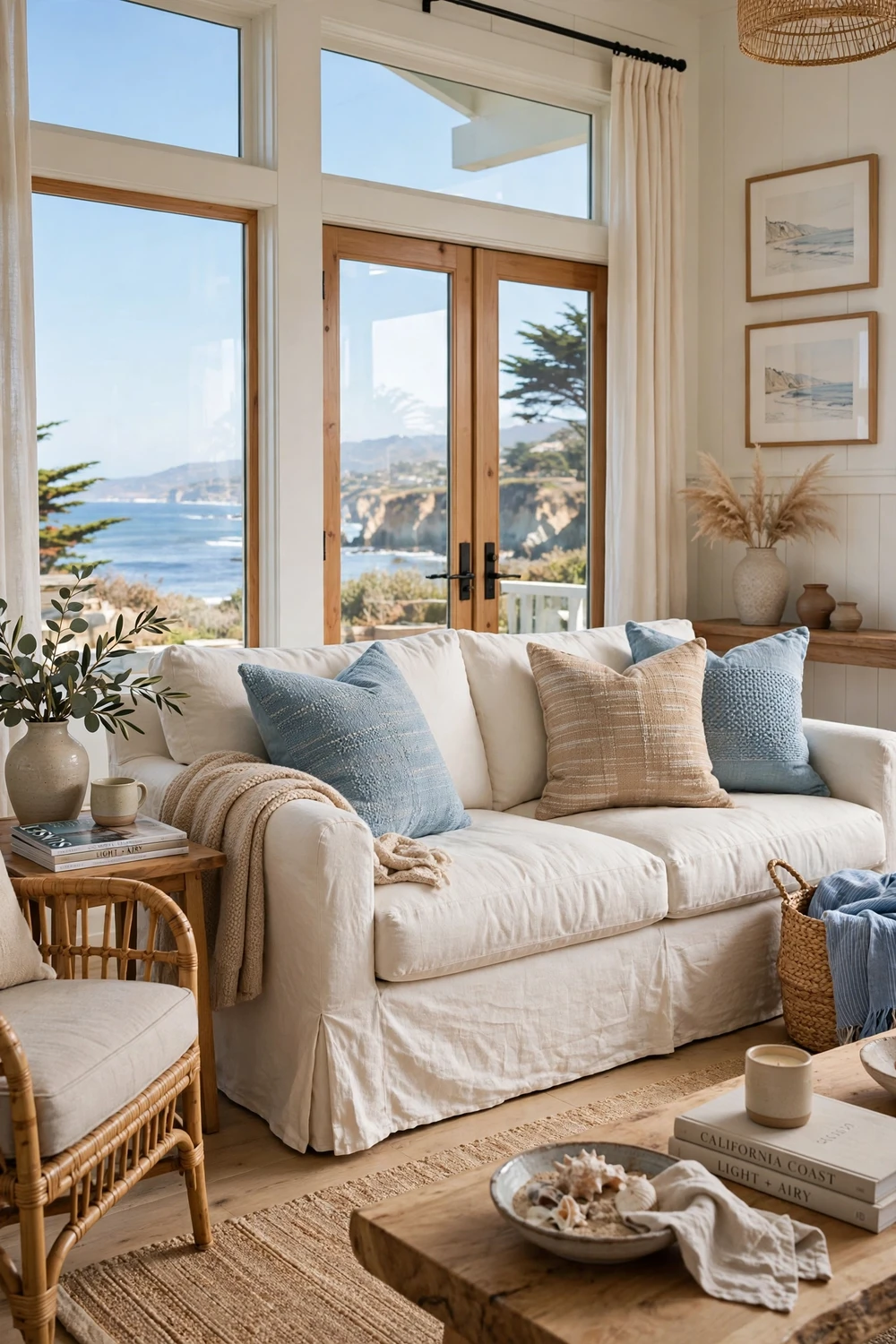 California coastal living room with a comfortable linen slipcovered sofa in ivory, textured throw pillows in soft blue and sand