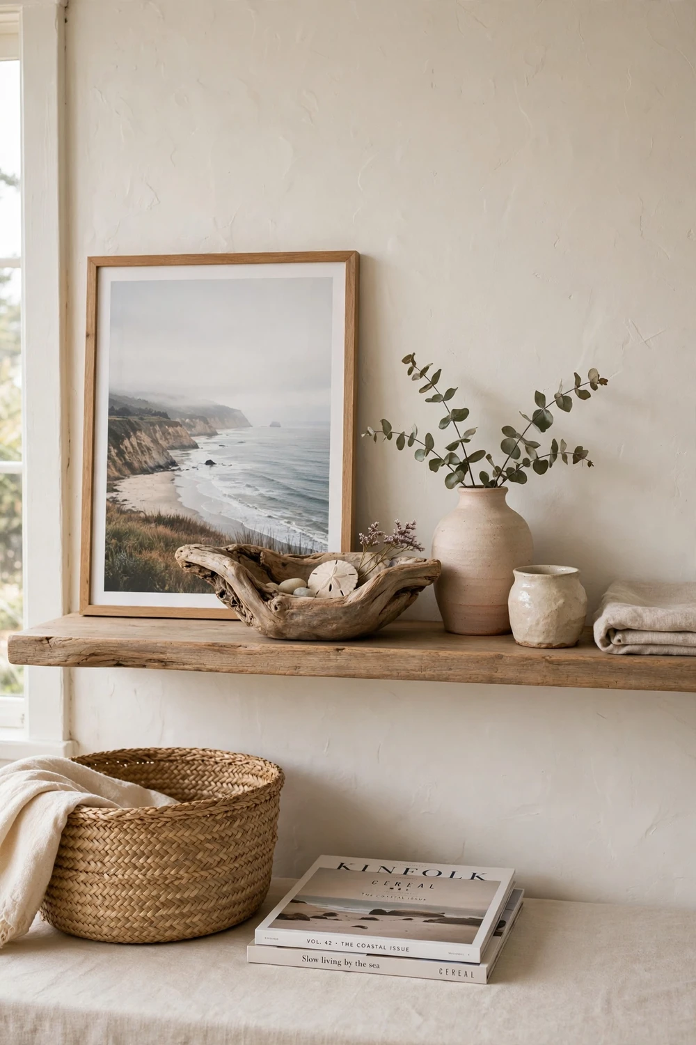 California coastal styled shelf with minimal beach decor, driftwood bowl, handmade pottery, woven basket and coastal landscape print