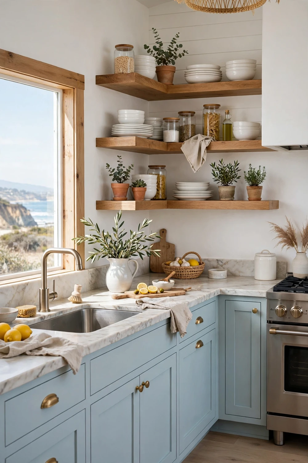 California coastal kitchen with open floating wooden shelves displaying white dishes, glass jars and small plants