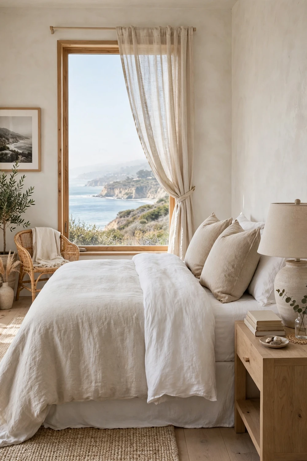 California coastal bedroom with crisp white bedding, linen duvet, sandy beige pillows, light wood nightstand, calm and peaceful