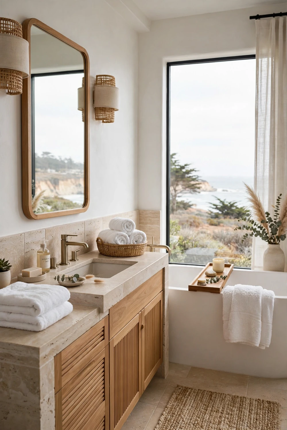 California coastal spa-inspired bathroom with white walls, light stone surfaces, wooden accents, fluffy white towels