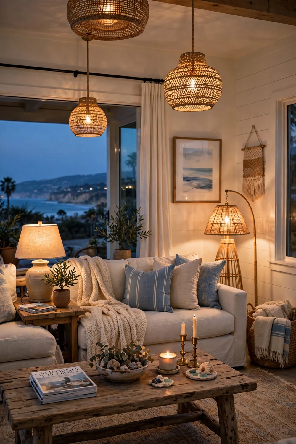 California coastal living room in the evening with warm layered lighting, table lamps, floor lamp and woven pendants, cozy and inviting