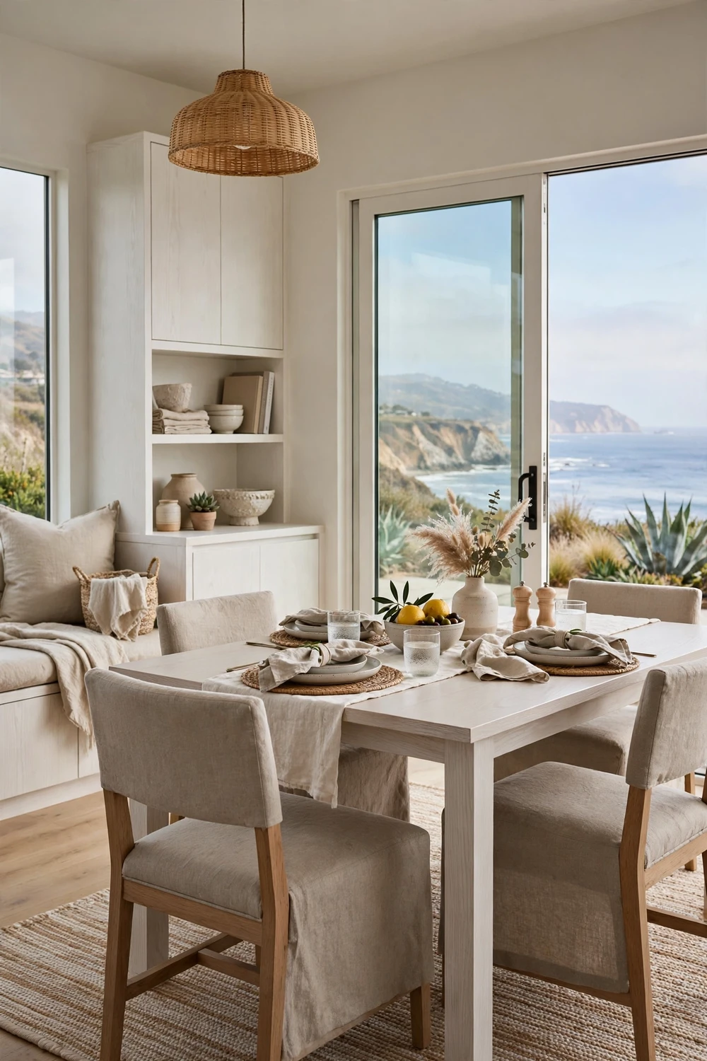 California coastal dining area with light white oak furniture, clean lines, neutral walls and linen fabrics