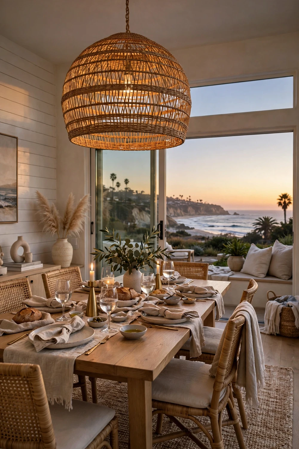 California coastal dining room with a large woven rattan pendant light above the table, warm evening glow