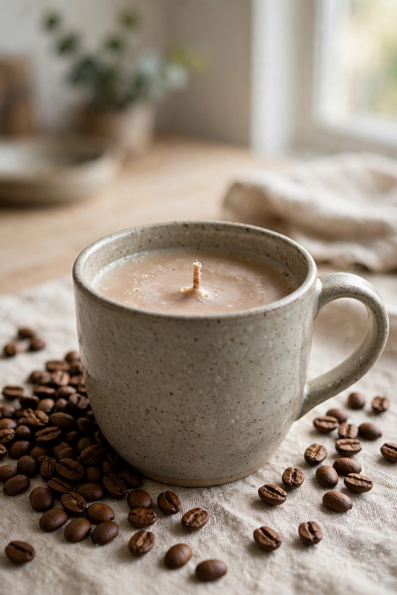 Coffee-scented homemade candle poured into a ceramic coffee mug with coffee beans