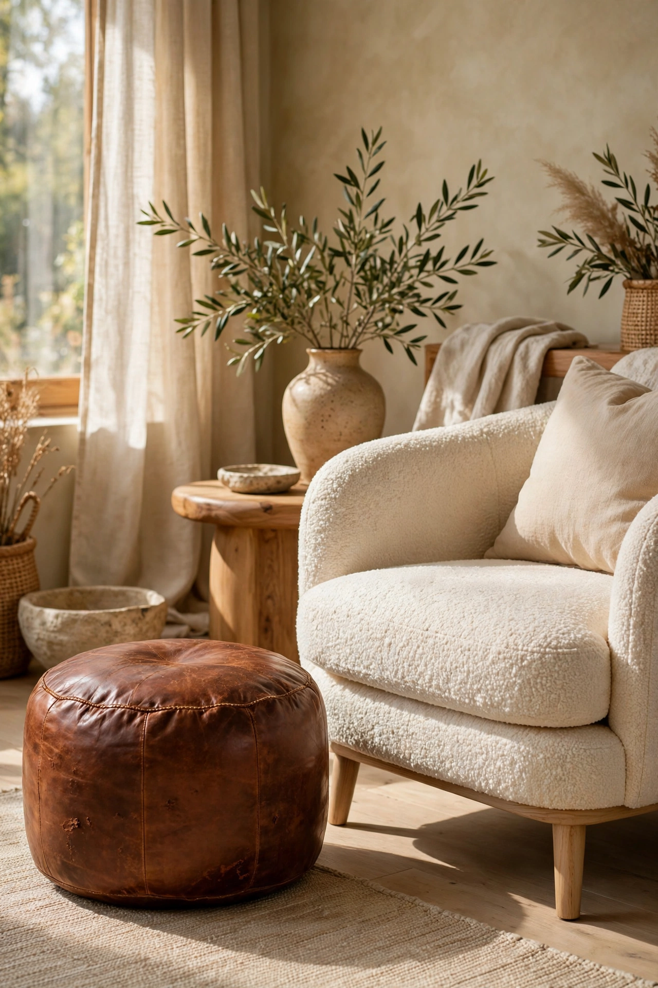 Cognac leather pouf beside a boucle chair in a warm neutral living room