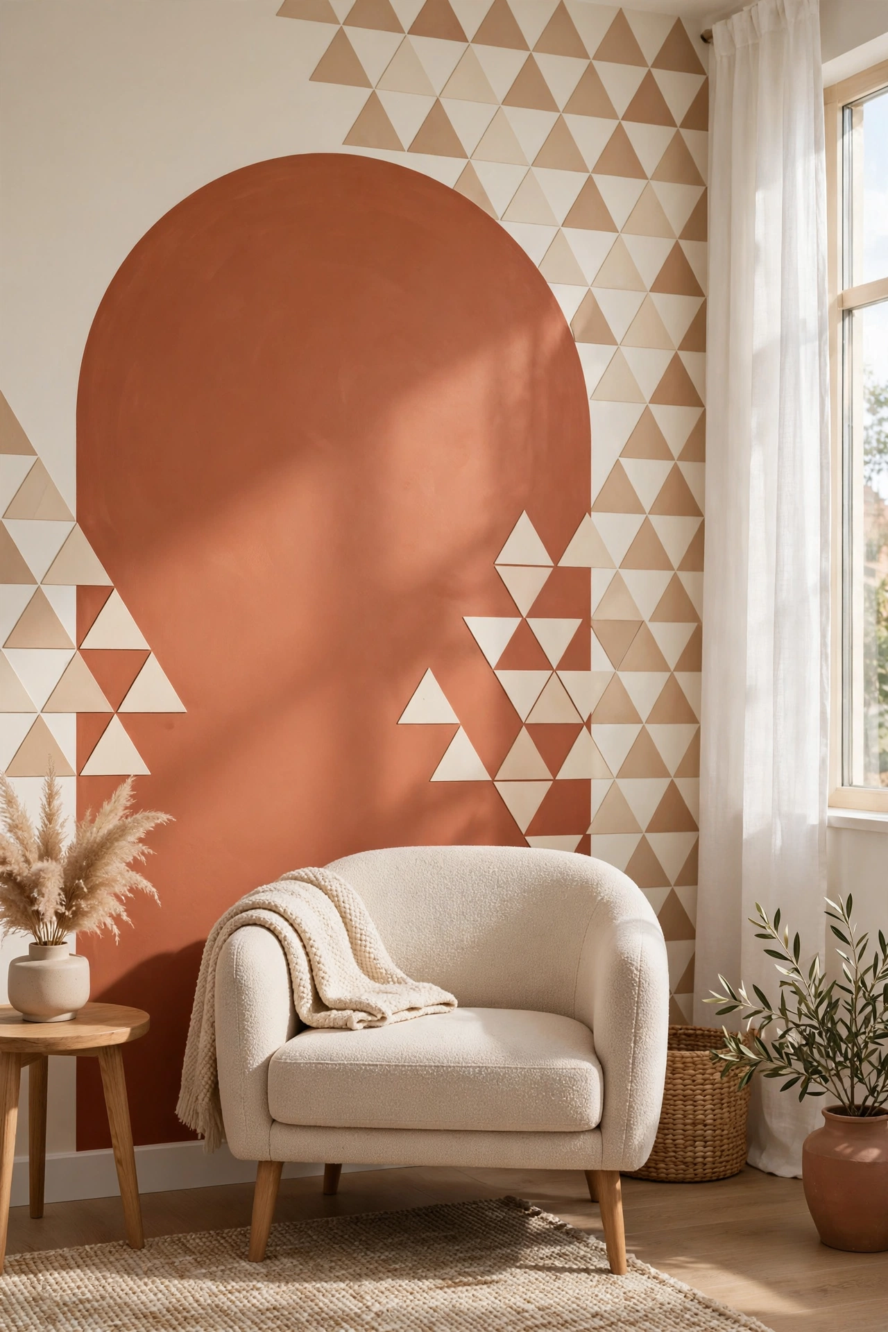 Living room wall with terracotta painted arch and geometric triangle accents