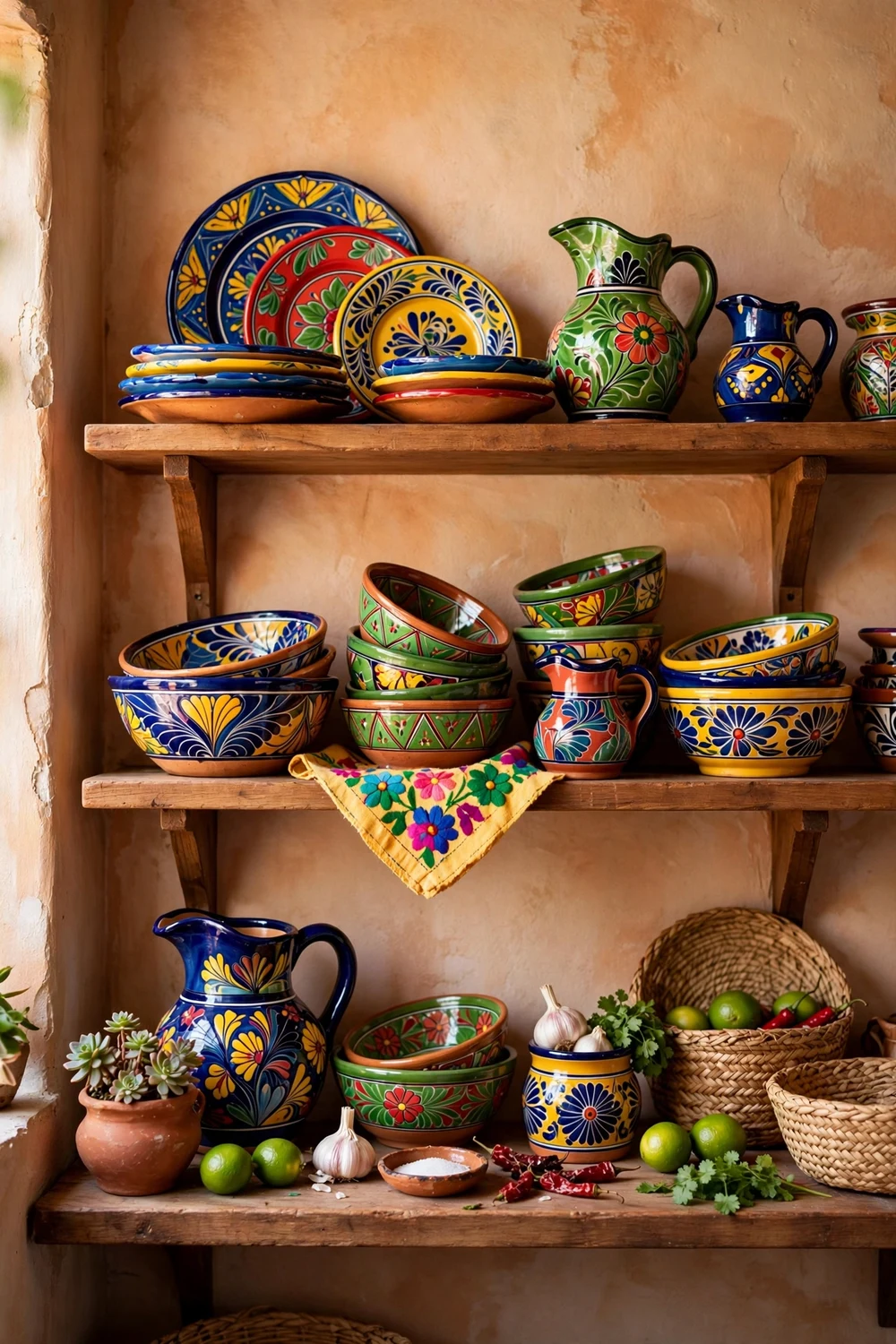 Mismatched colorful Mexican bowls and dishes displayed on open kitchen shelves