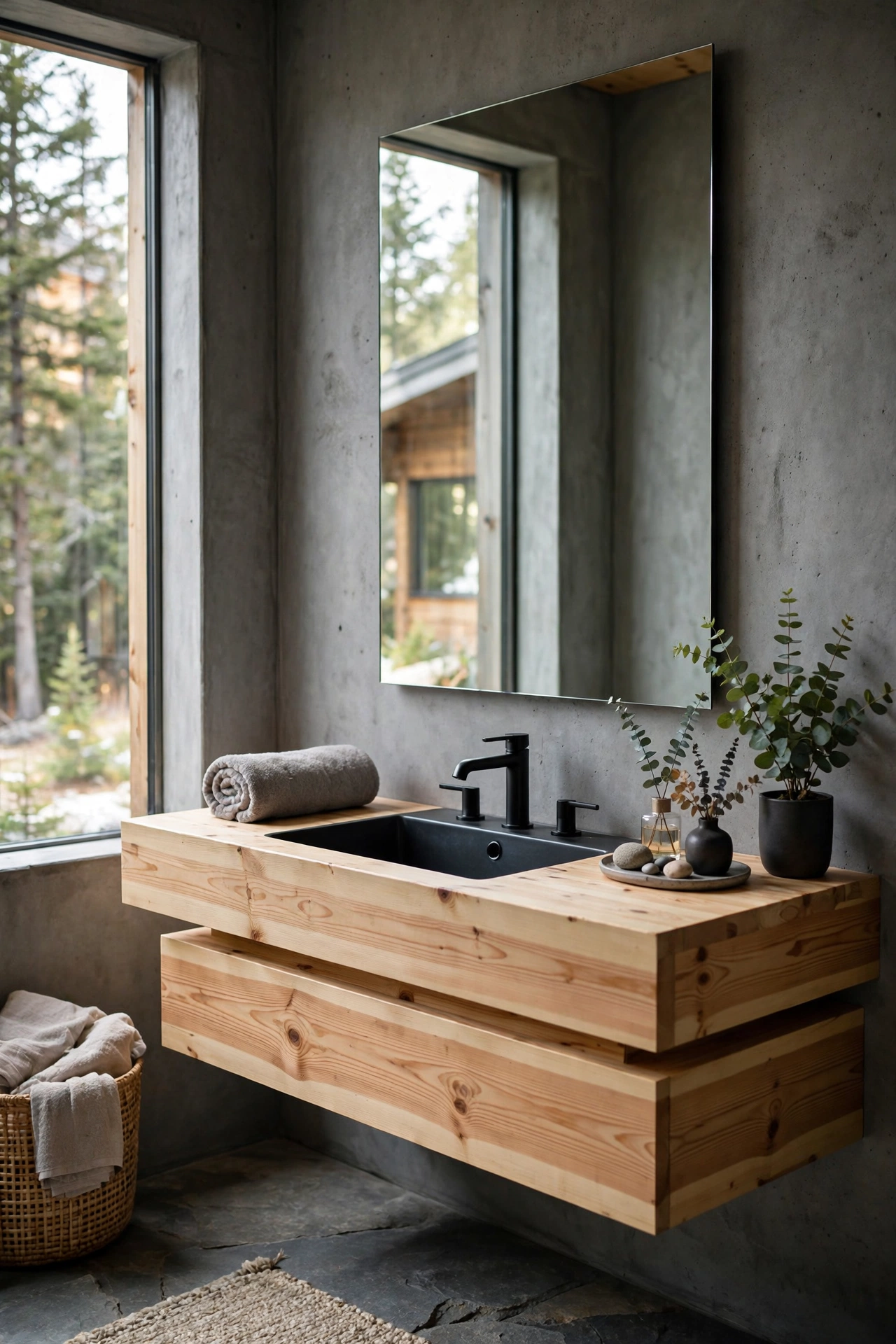 Modern cabin bathroom with concrete walls and a pine wood vanity