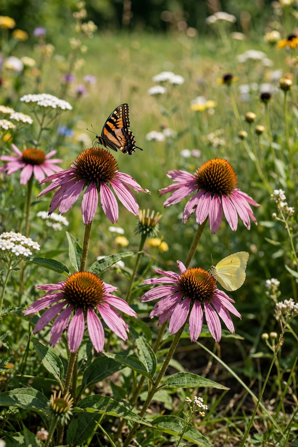 Purple coneflower echinacea blooms with butterflies in a sunny wildflower garden