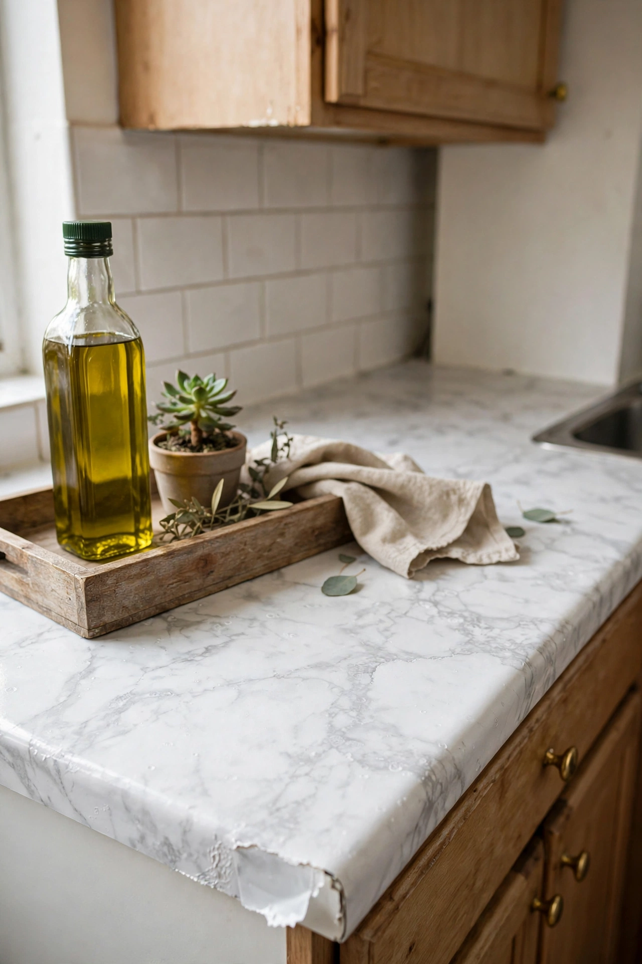 Rental kitchen countertop covered in marble-look adhesive contact paper