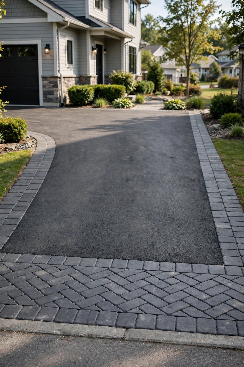 Asphalt driveway with a contrasting concrete paver border and decorative apron at the street