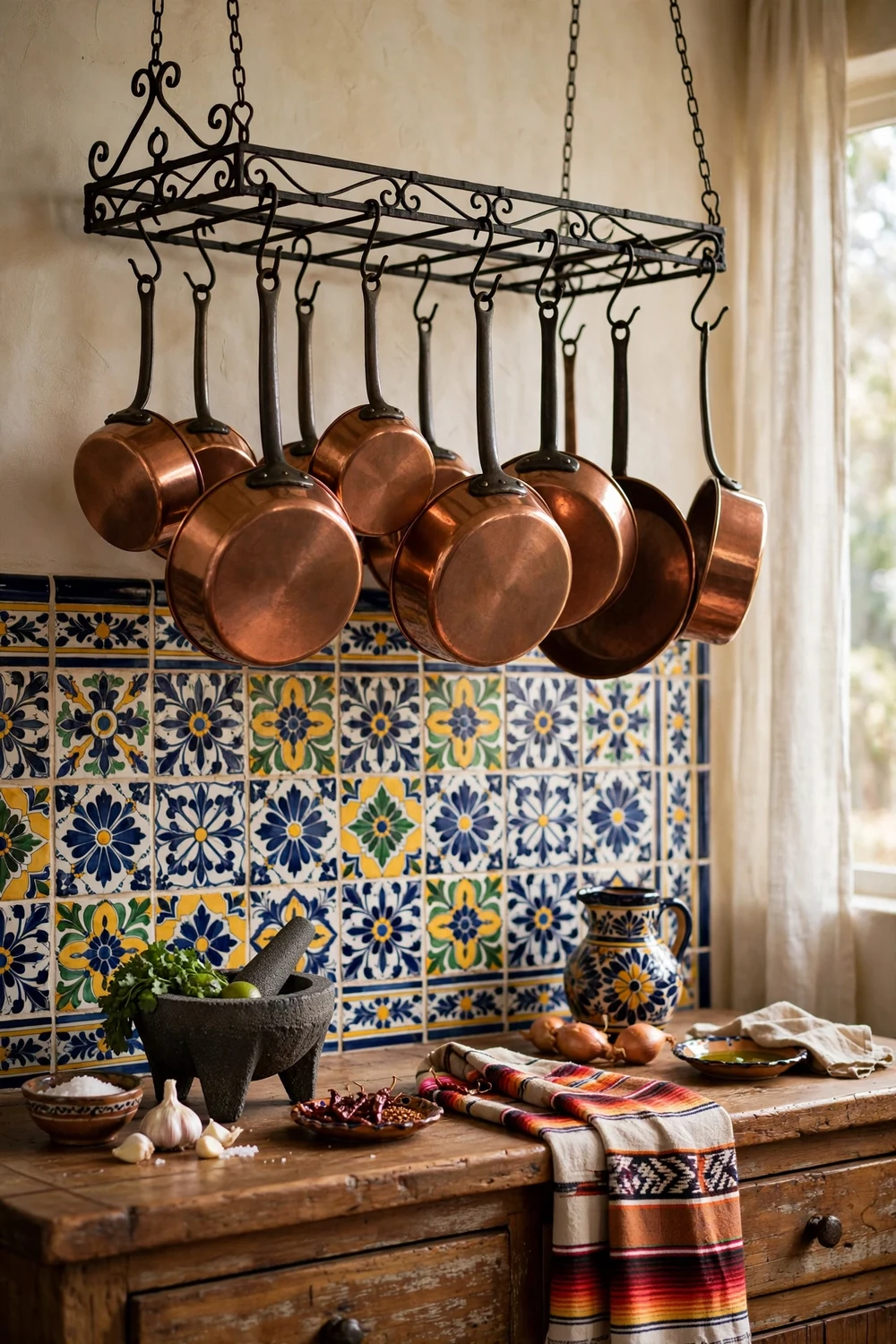 Copper pots and pans hanging from a wrought iron rack in a Mexican kitchen