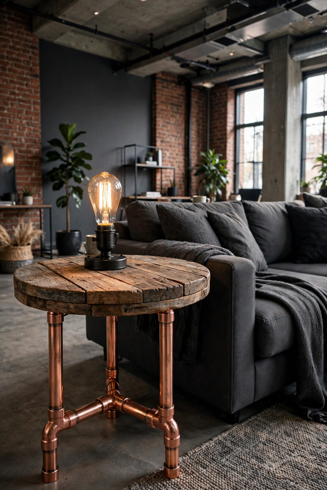 Industrial side table with reclaimed wood top on copper pipe legs beside a charcoal sofa