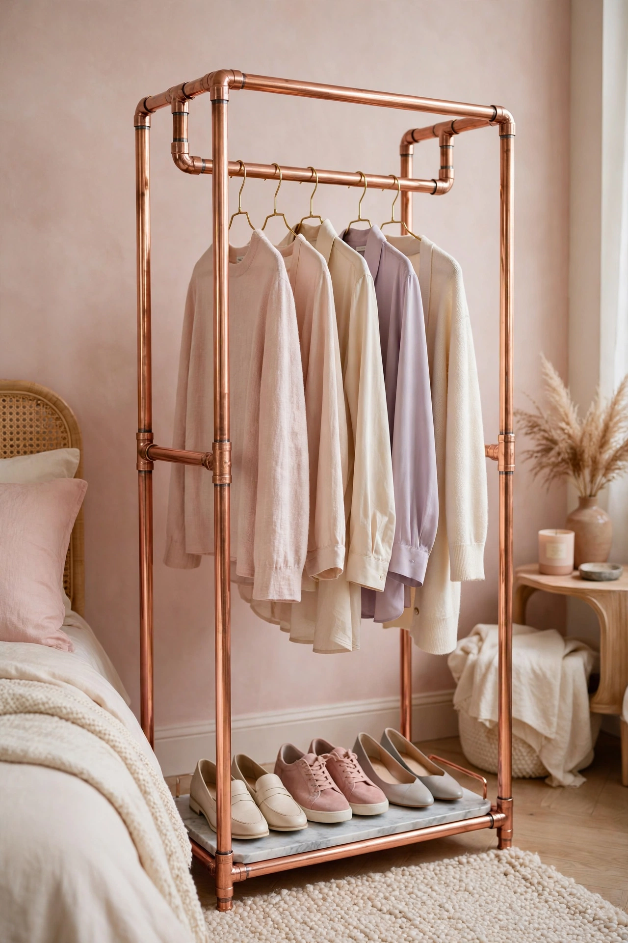 Elegant copper pipe clothing rack with pastel garments on gold hangers