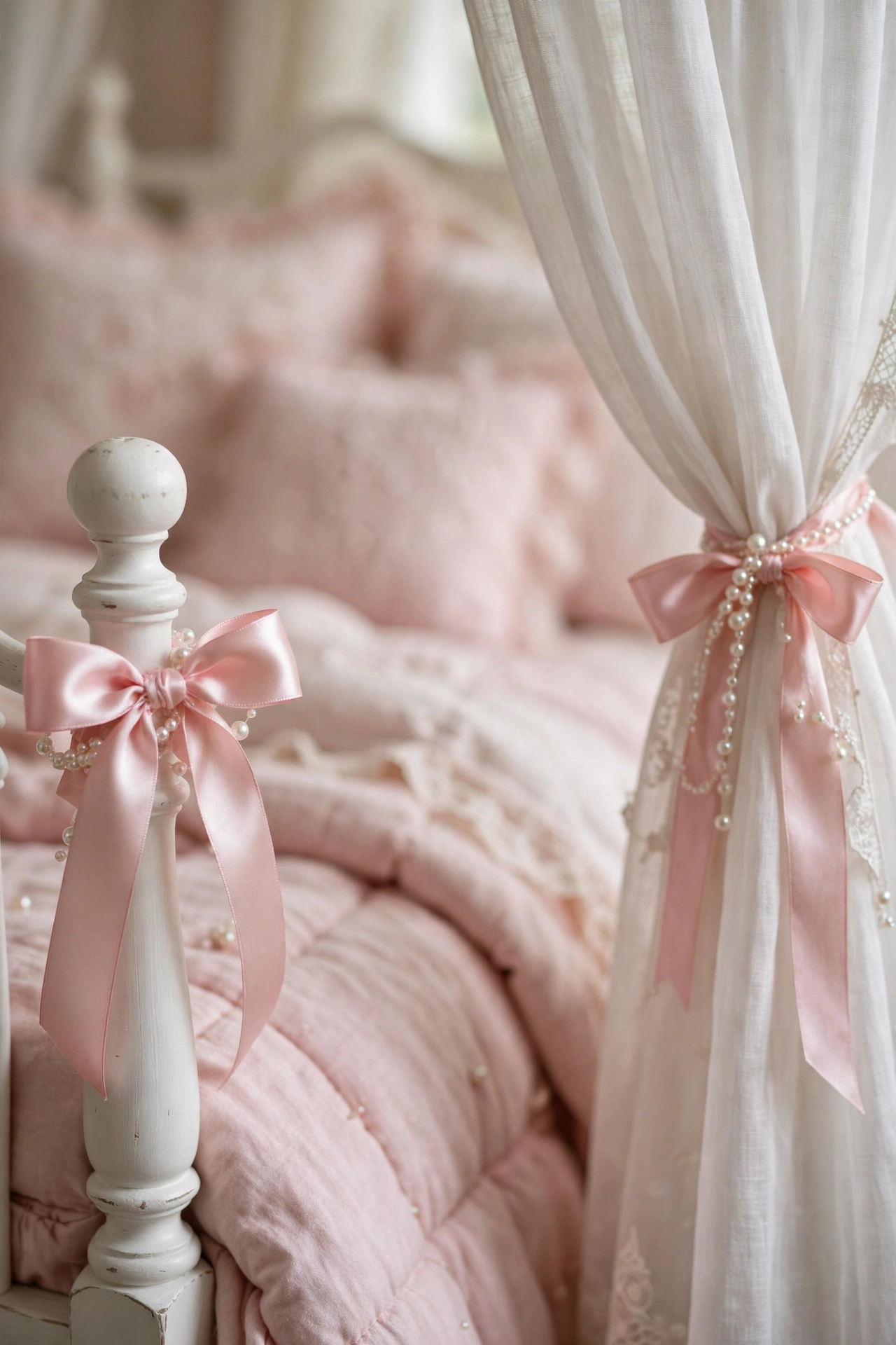 Pink satin ribbon bows tied on a white bedpost and curtain tiebacks in a teen bedroom