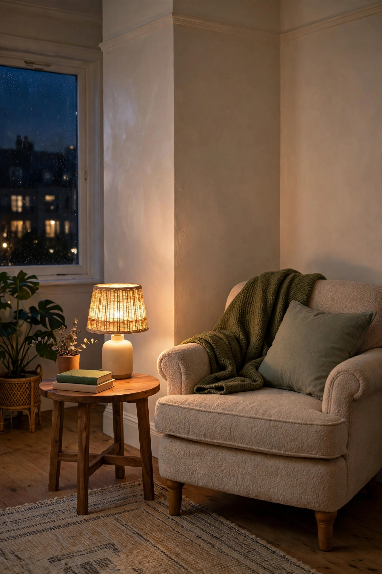 Rental living room corner with cordless rechargeable table lamp glowing on side table