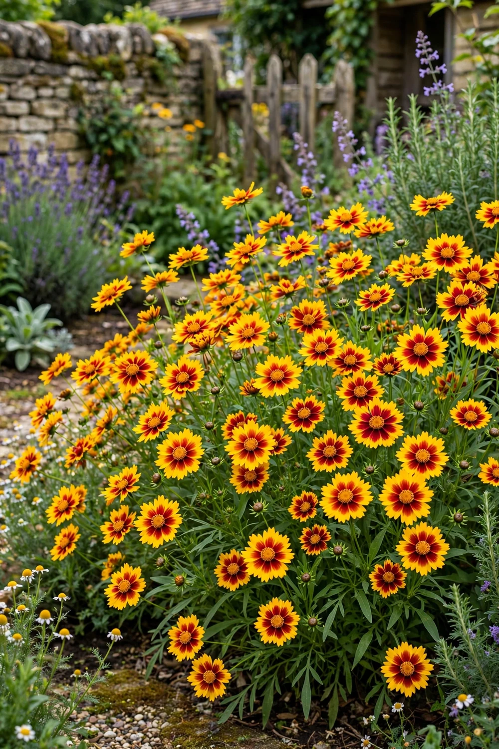 Coreopsis with bright yellow and red flowers blooming profusely in a cottage garden