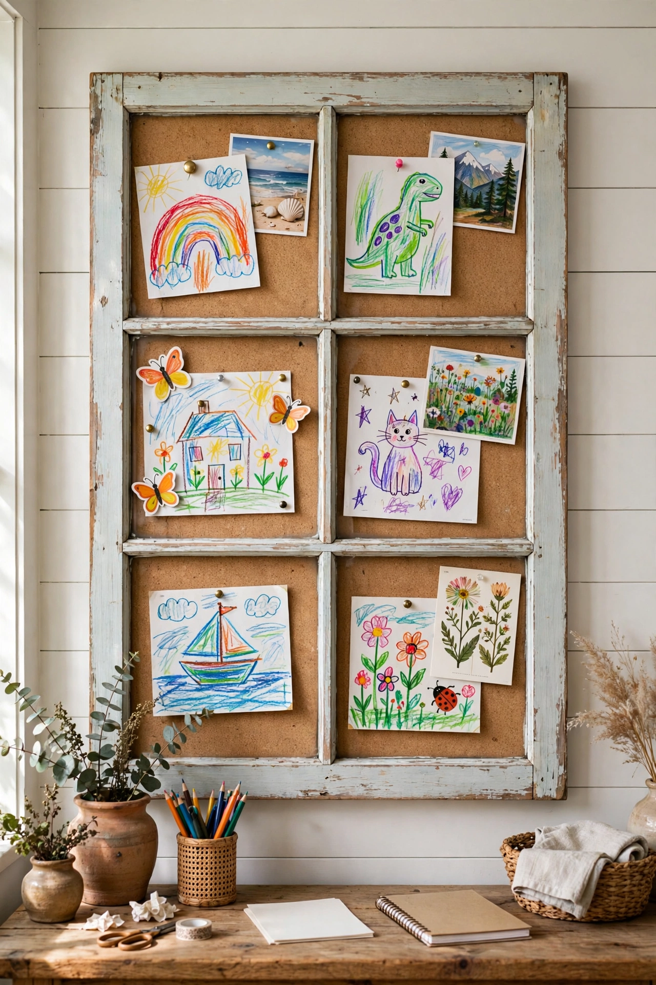Old window with cork tiles fitted behind the panes used as a bulletin board
