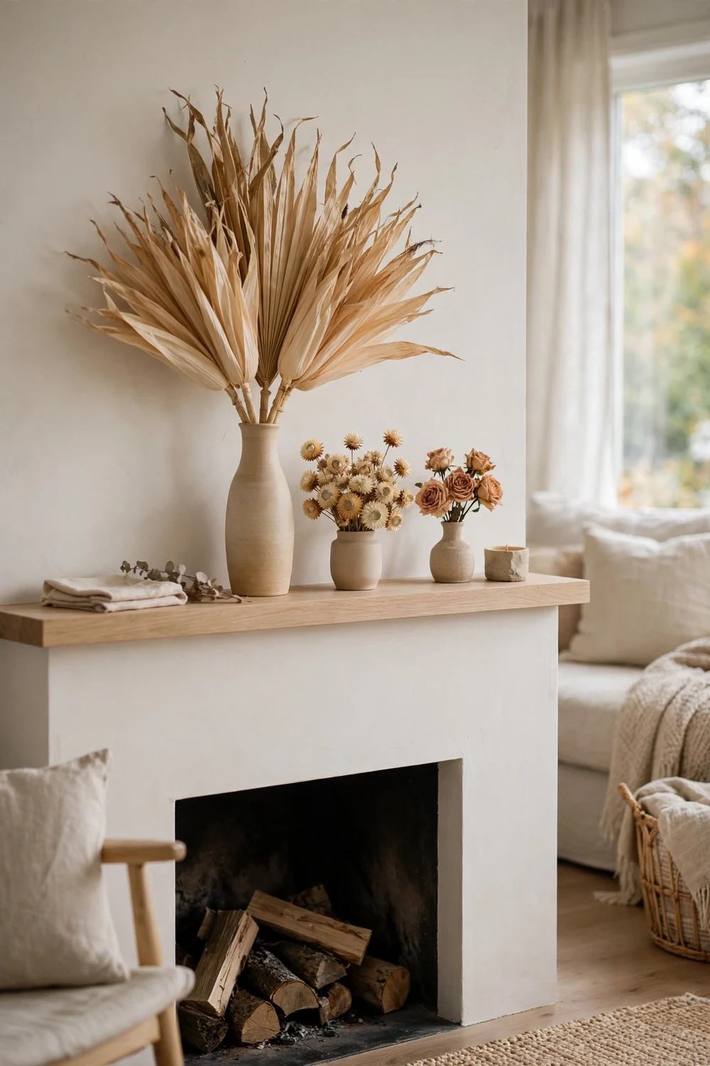 Dried corn husks and dried florals arranged on a minimalist fall mantel