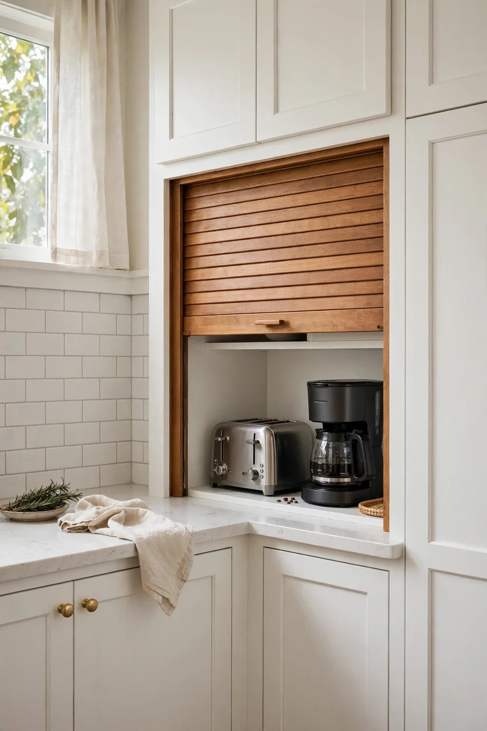 Kitchen corner appliance garage cabinet with roll-up door hiding toaster and coffee maker