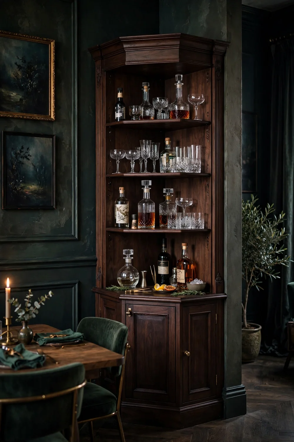 Corner bar cabinet with open shelves styled with glassware decanters and bottles