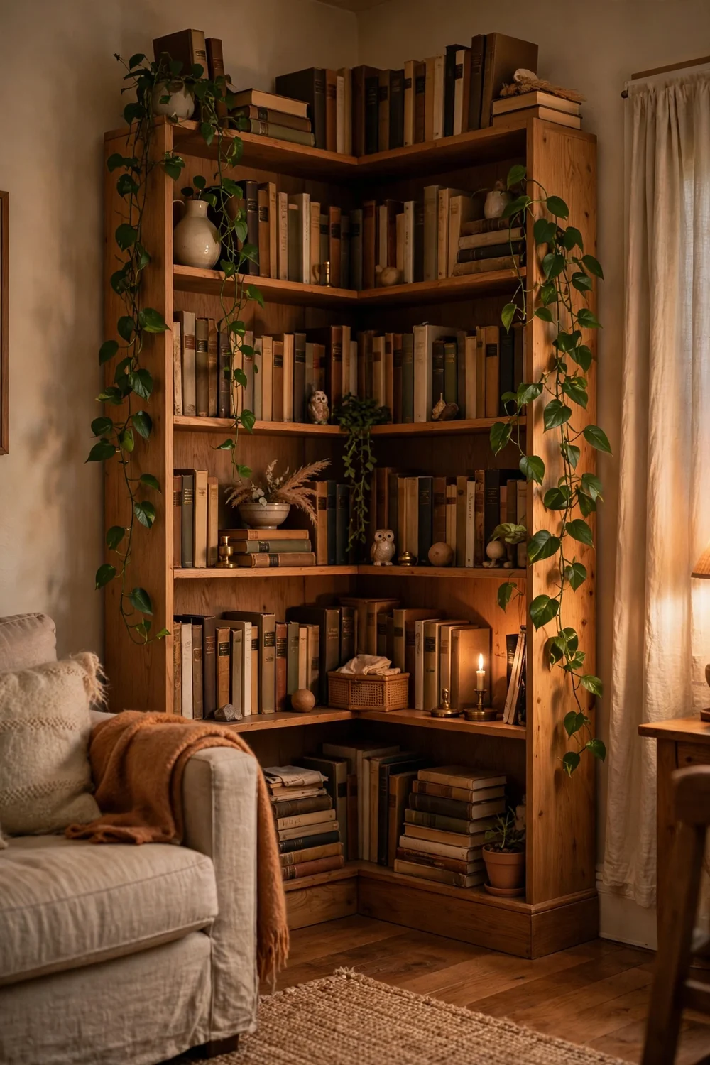 Tall corner bookcase in living room filled with books plants and decor