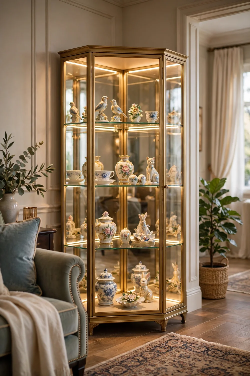 Corner curio cabinet with glass sides and warm LED lighting displaying collectibles
