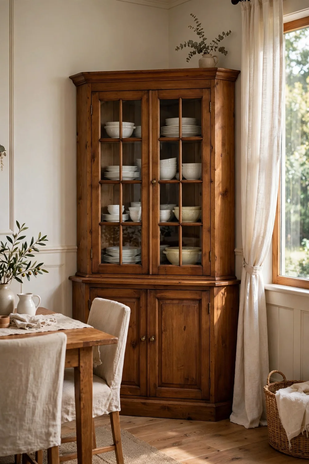 Corner china hutch in dining room with glass doors displaying dishes and collectibles