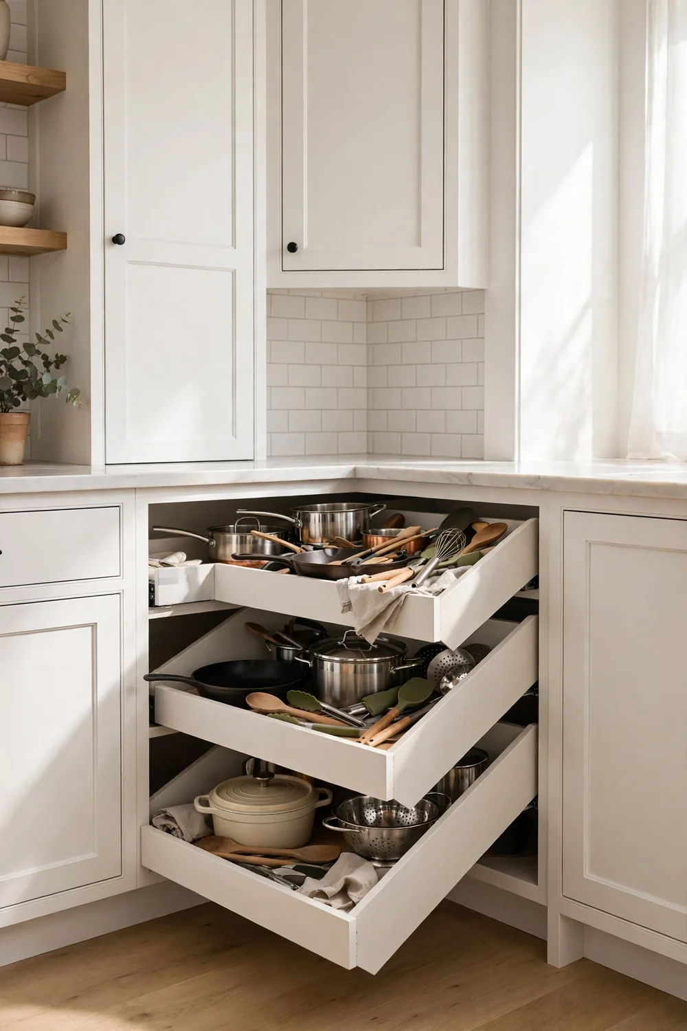 Kitchen corner fitted with diagonal deep drawers for pots and utensils