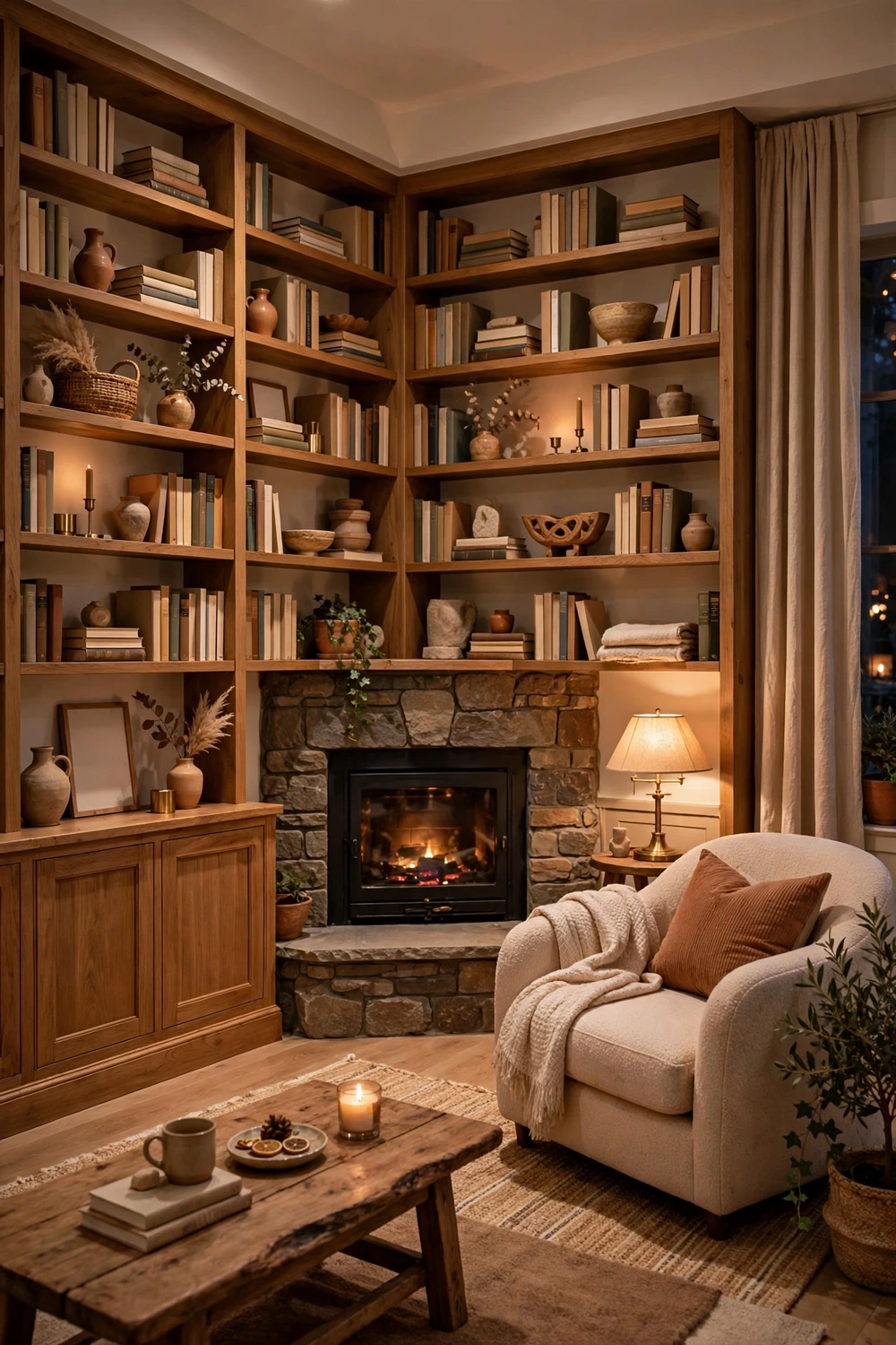 Corner fireplace with built-in bookshelves wrapping around adjacent walls