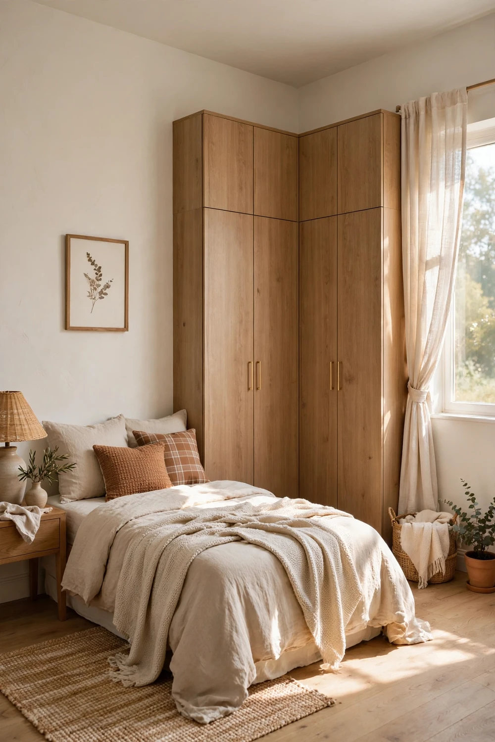 Small bedroom with an L-shaped fitted wardrobe wrapping a corner beside the bed