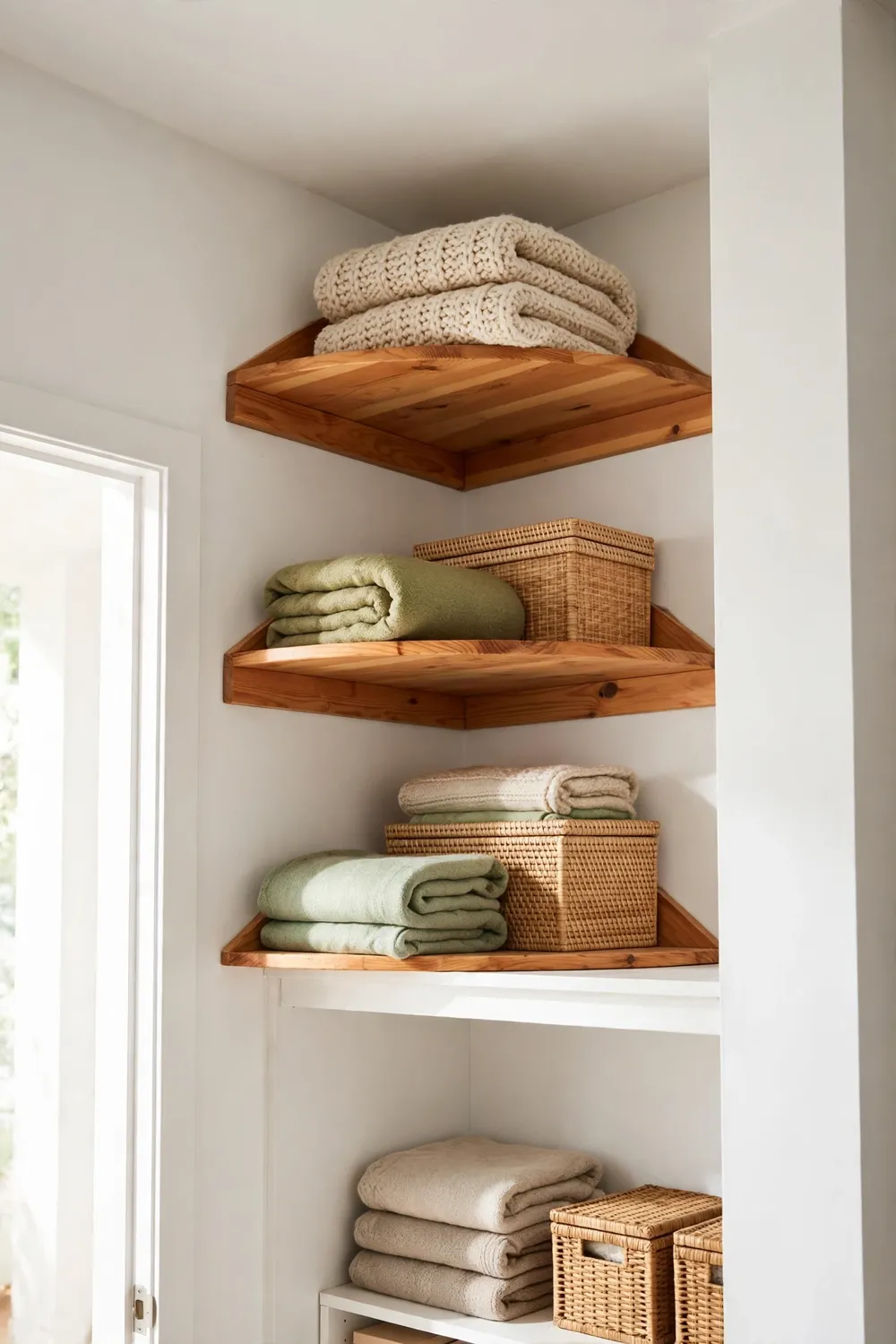 L-shaped corner shelves maximizing dead angle space inside a closet