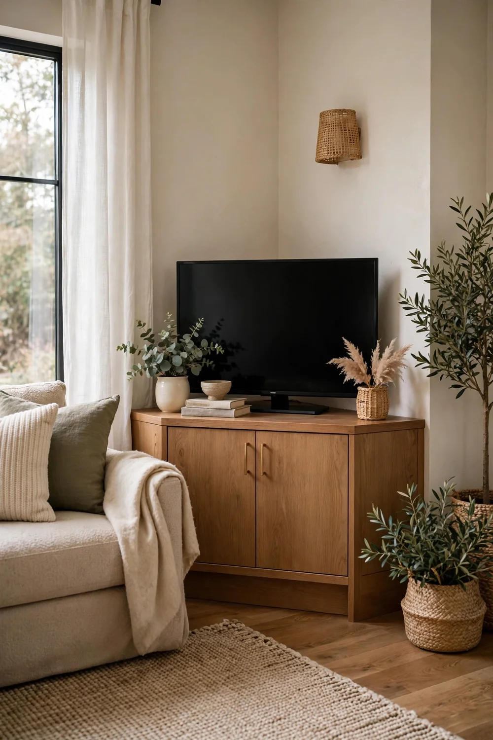 Corner media console cabinet in living room holding TV and media components