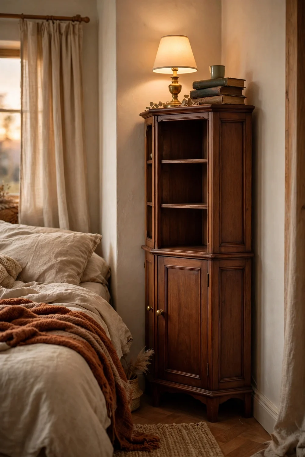 Tall narrow corner cabinet used as nightstand beside bed with lamp and books