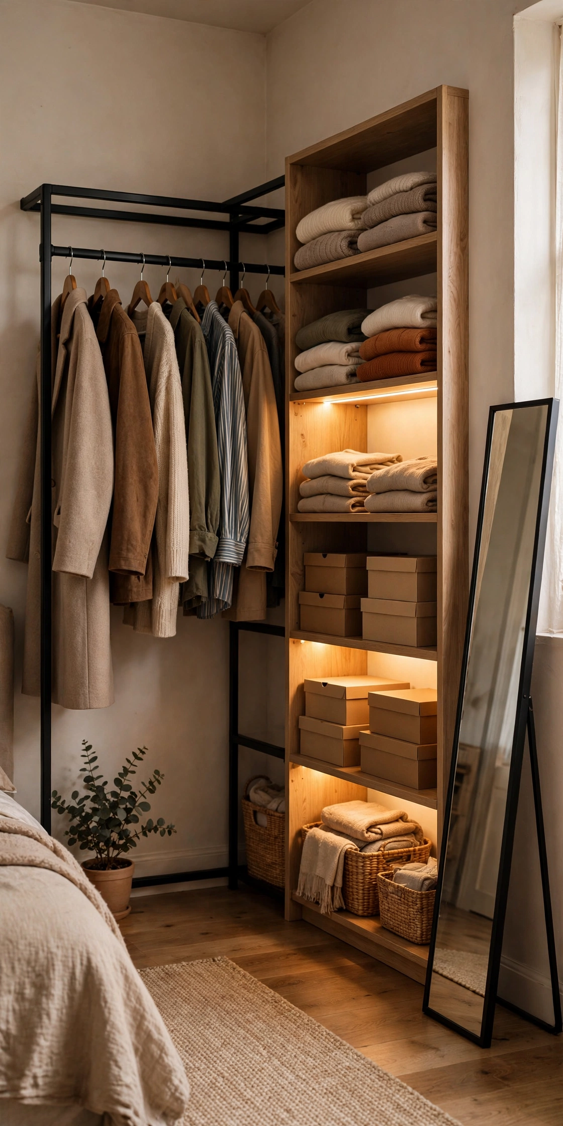 Cozy corner open closet nook with garment rack, shelving unit, LED strip light and mirror