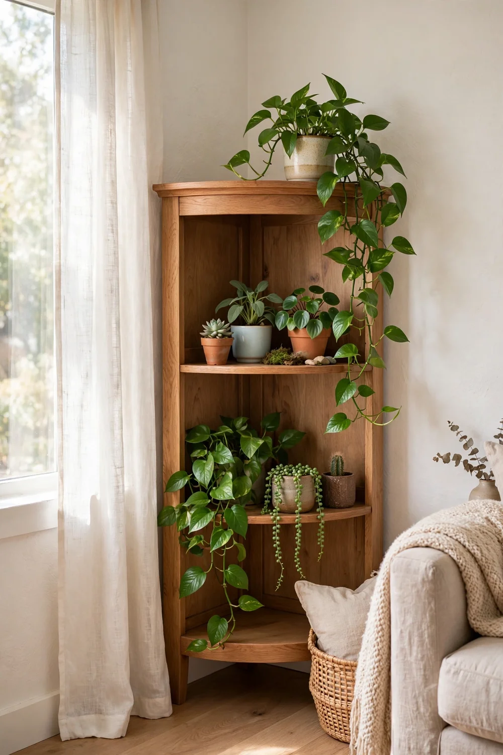 Corner cabinet with open shelves styled as indoor plant display with trailing pothos