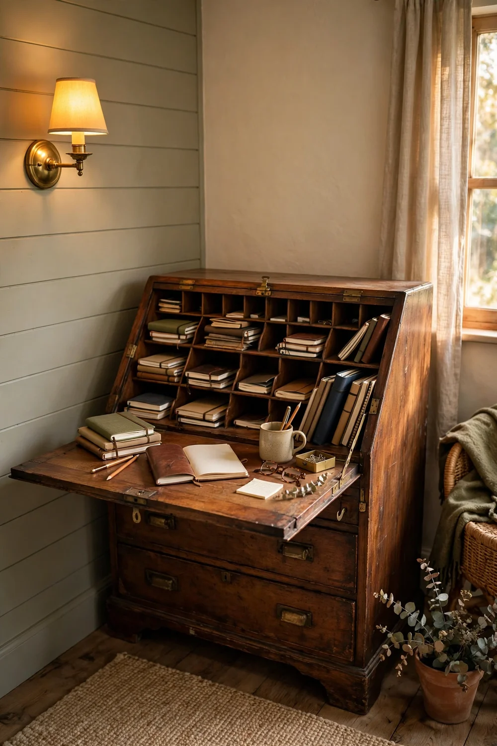 Corner secretary desk with fold-down writing surface in home office