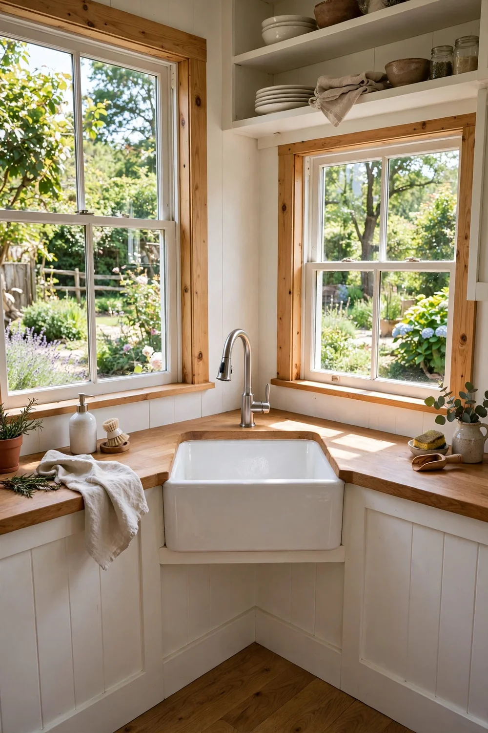 Corner kitchen sink with windows on both sides and cabinet storage below