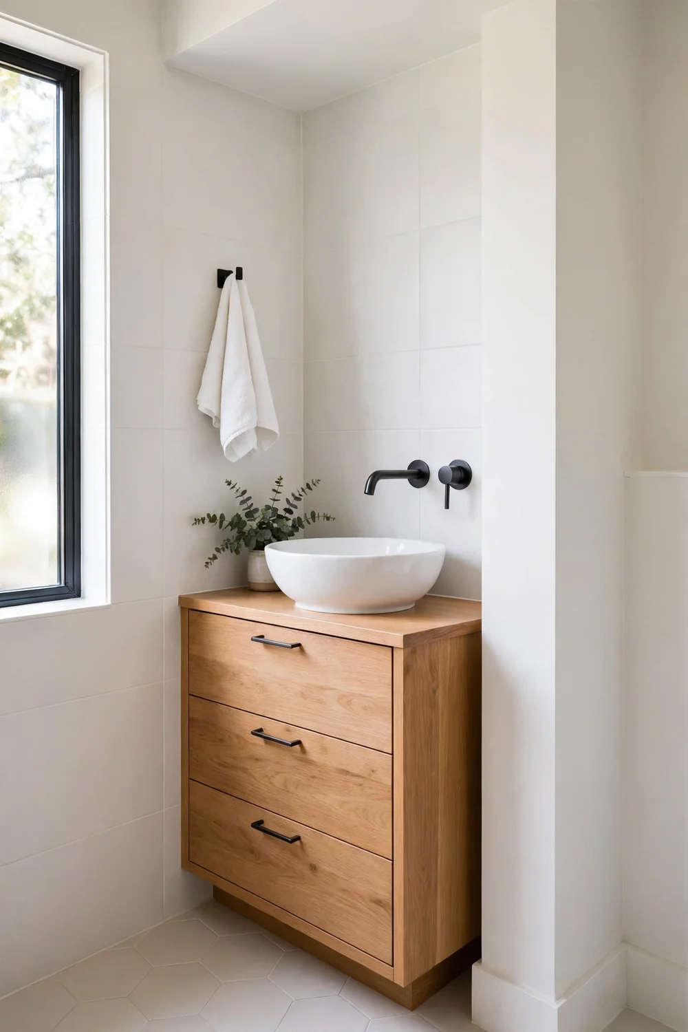 Bathroom corner vanity cabinet with vessel sink and storage drawers