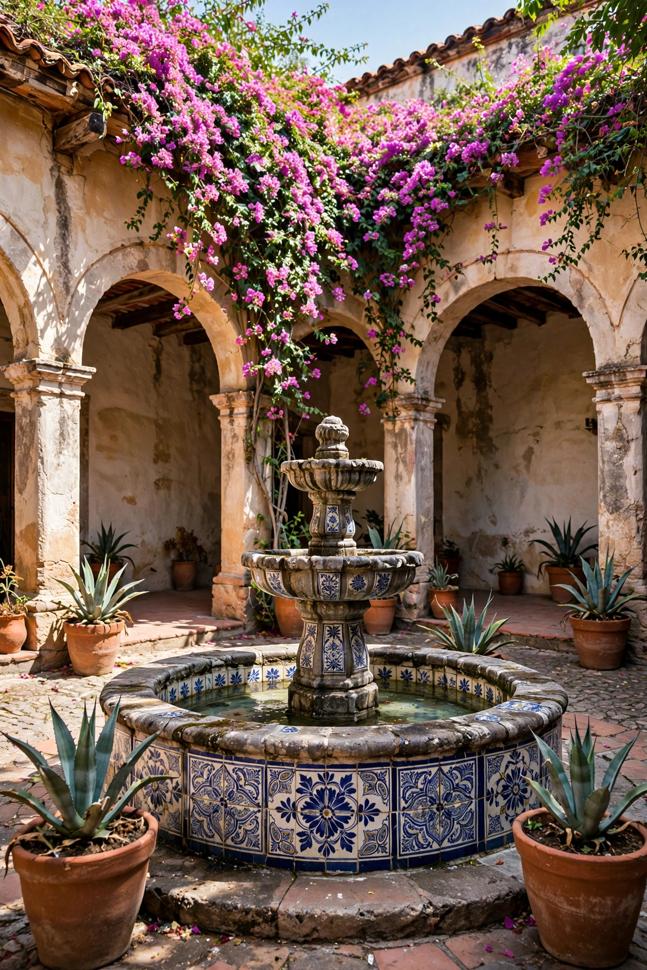 Old Mexican hacienda courtyard with antique stone fountain inlaid with Talavera tiles