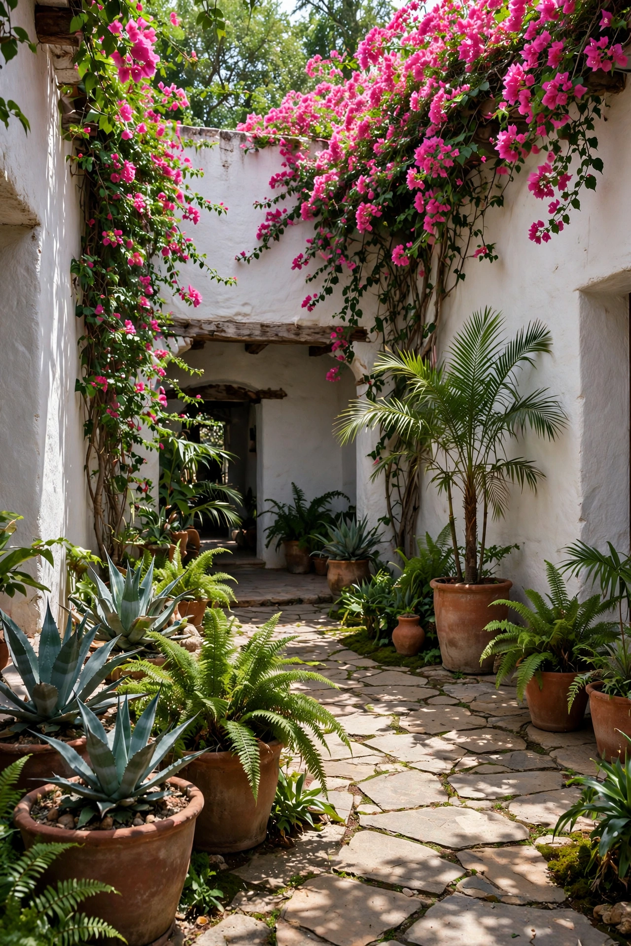 Lush hacienda courtyard garden with agave and palms in large terracotta planters